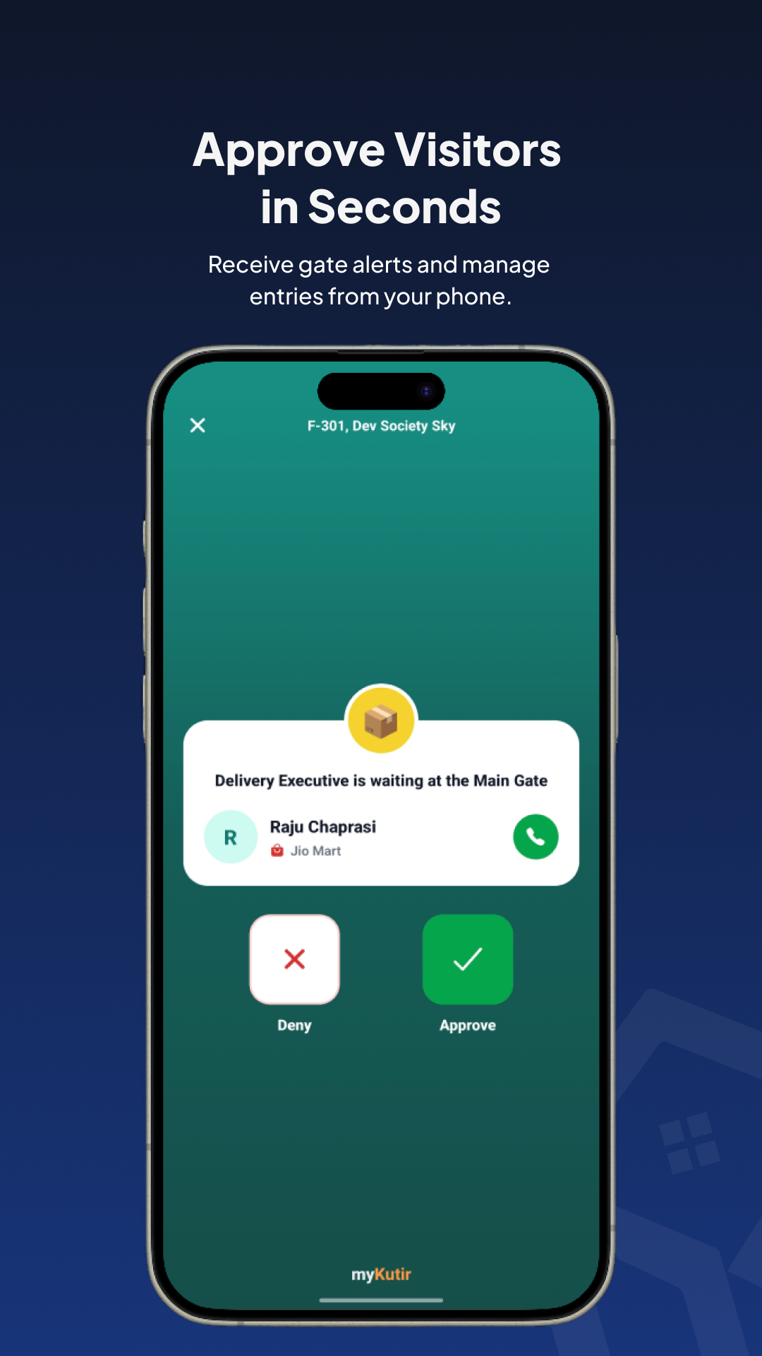 Visitor approval — resident approves Jio Mart delivery in one tap