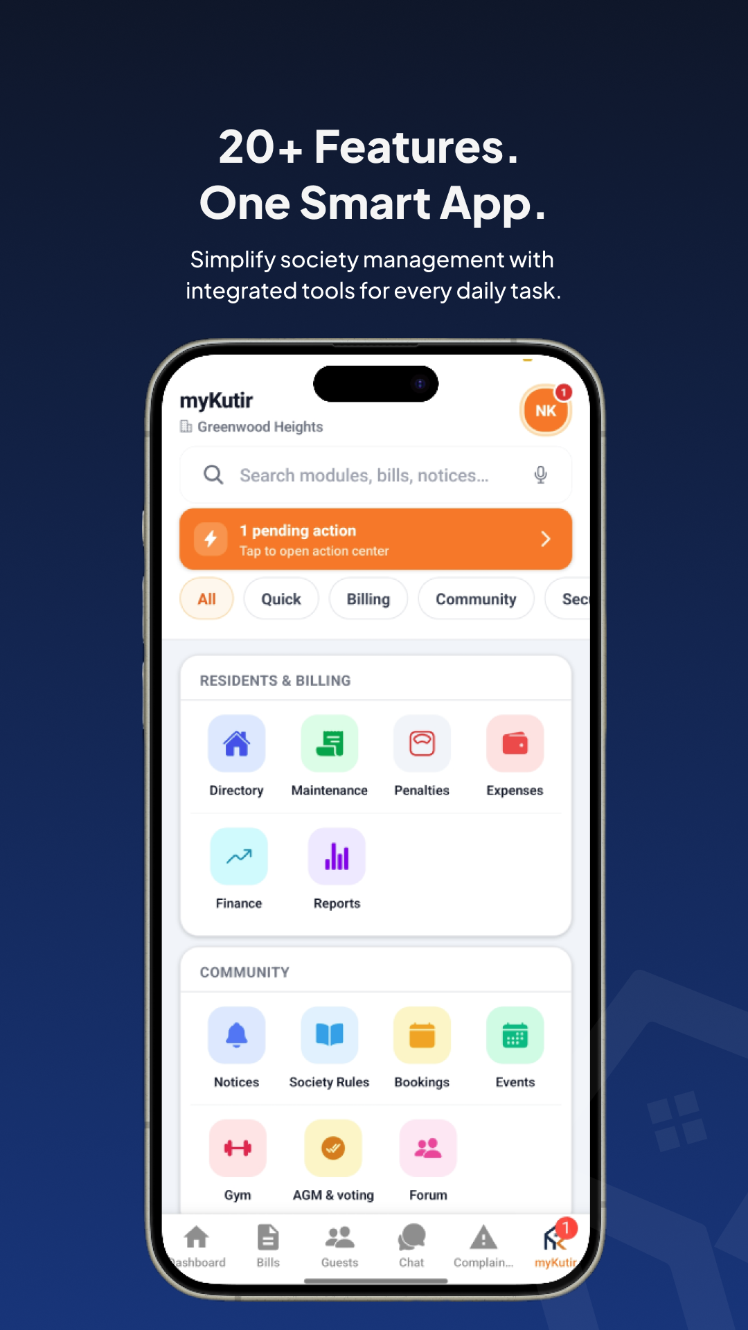 All modules — notices, bookings, events, gym, AGM & voting