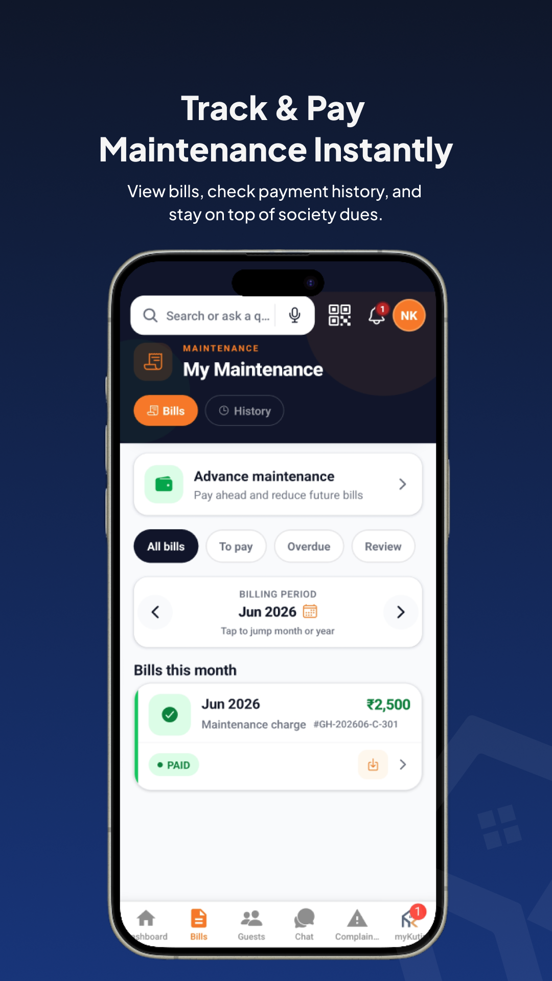 Maintenance billing — Jun 2026 paid, download receipt
