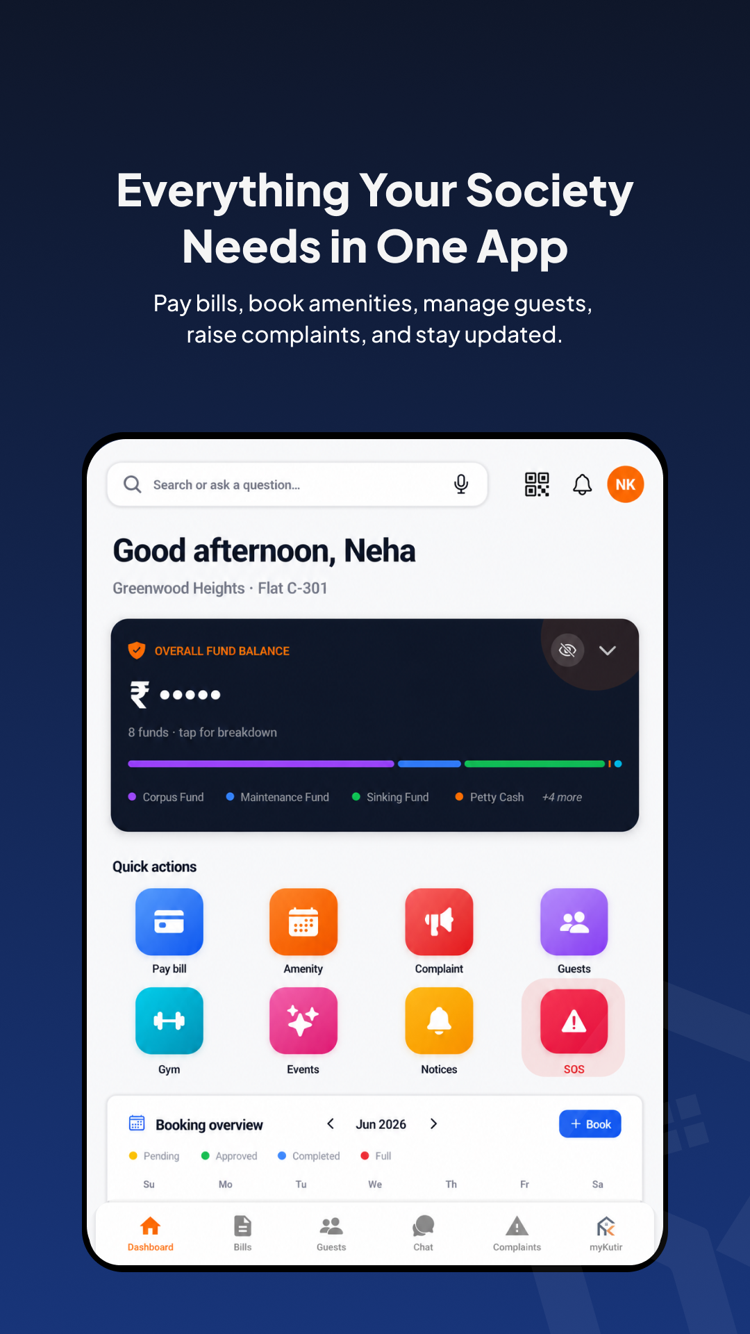 Tablet: resident dashboard with fund balance breakdown