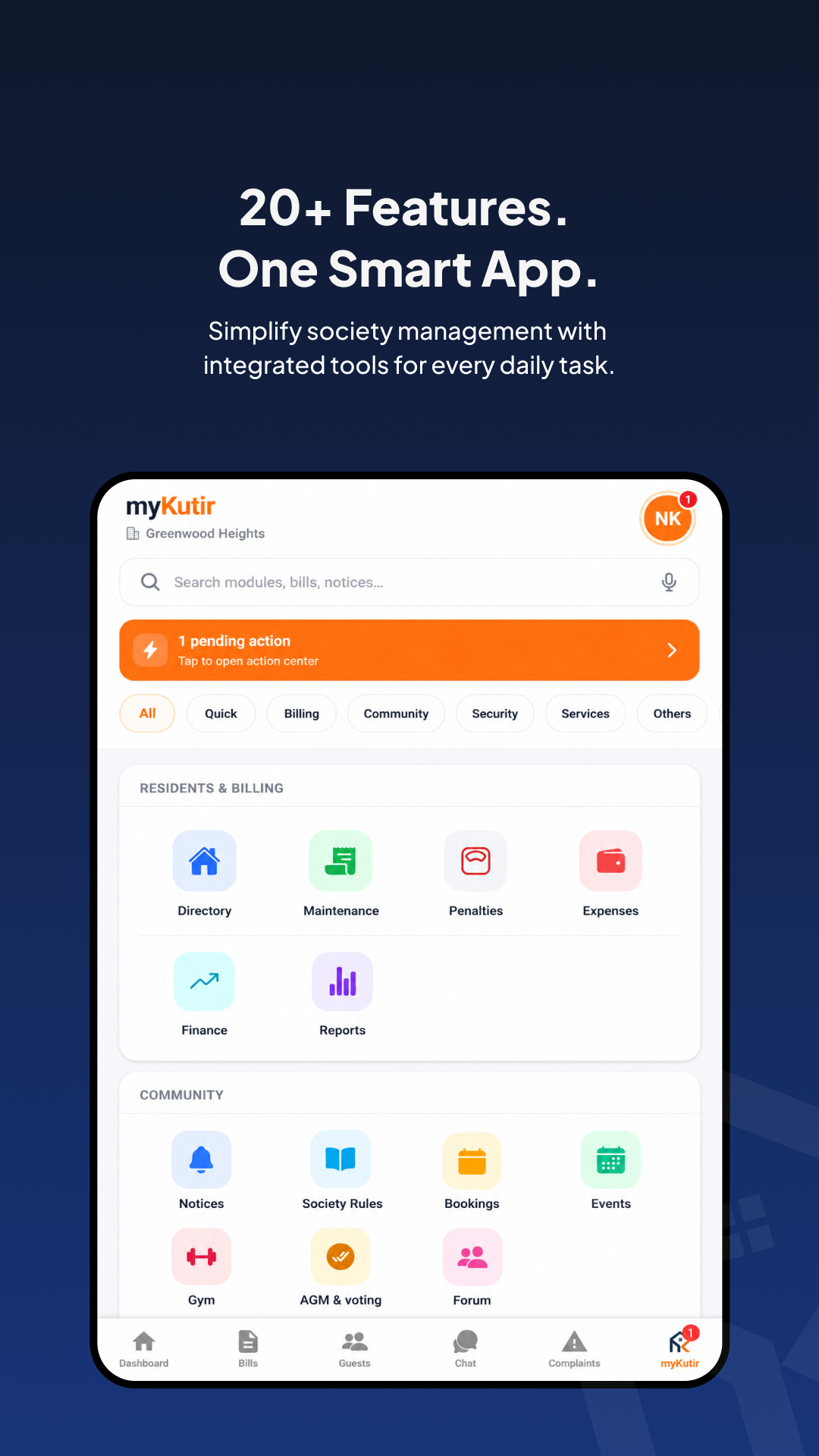 Tablet: full module grid — community and security sections