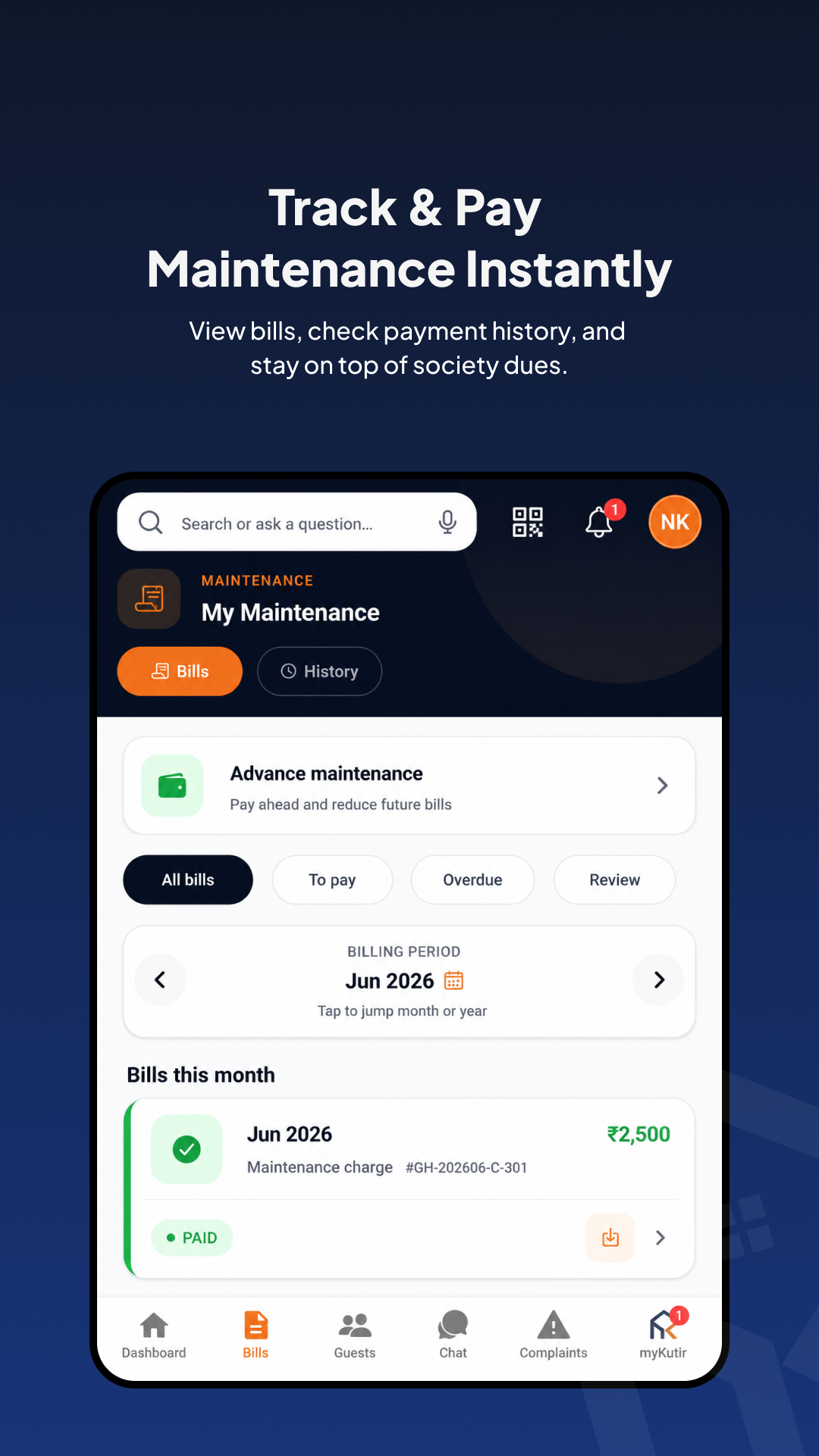 Tablet: maintenance bills with monthly navigation